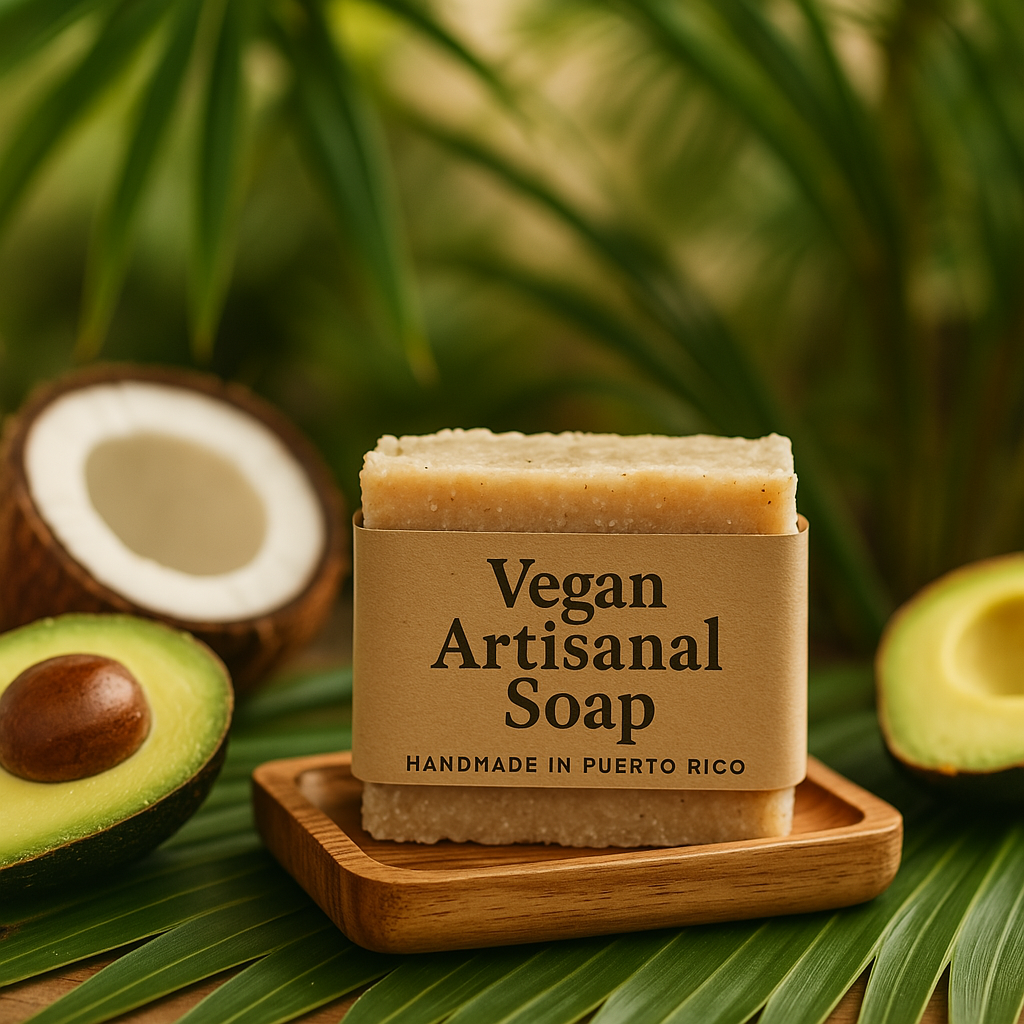Handcrafted vegan artisanal soaps displayed on a wooden tray with avocado and coconut in the background