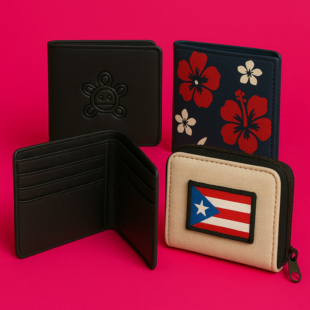 Handmade Puerto Rican wallets featuring minimalist design, floral patterns, and the Puerto Rico flag patch