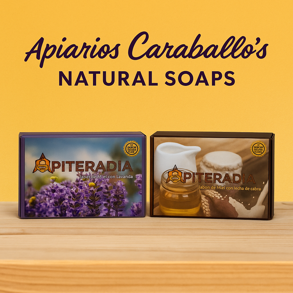 Apiarios Caraballo natural skincare with handcrafted honey and lavender soaps in colorful packaging on wooden surface