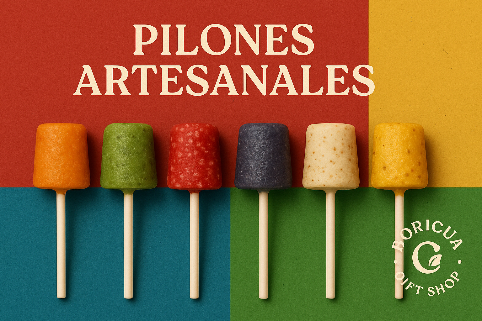 Traditional Puerto Rican lollipops in six vibrant colors lined up on a colorful background