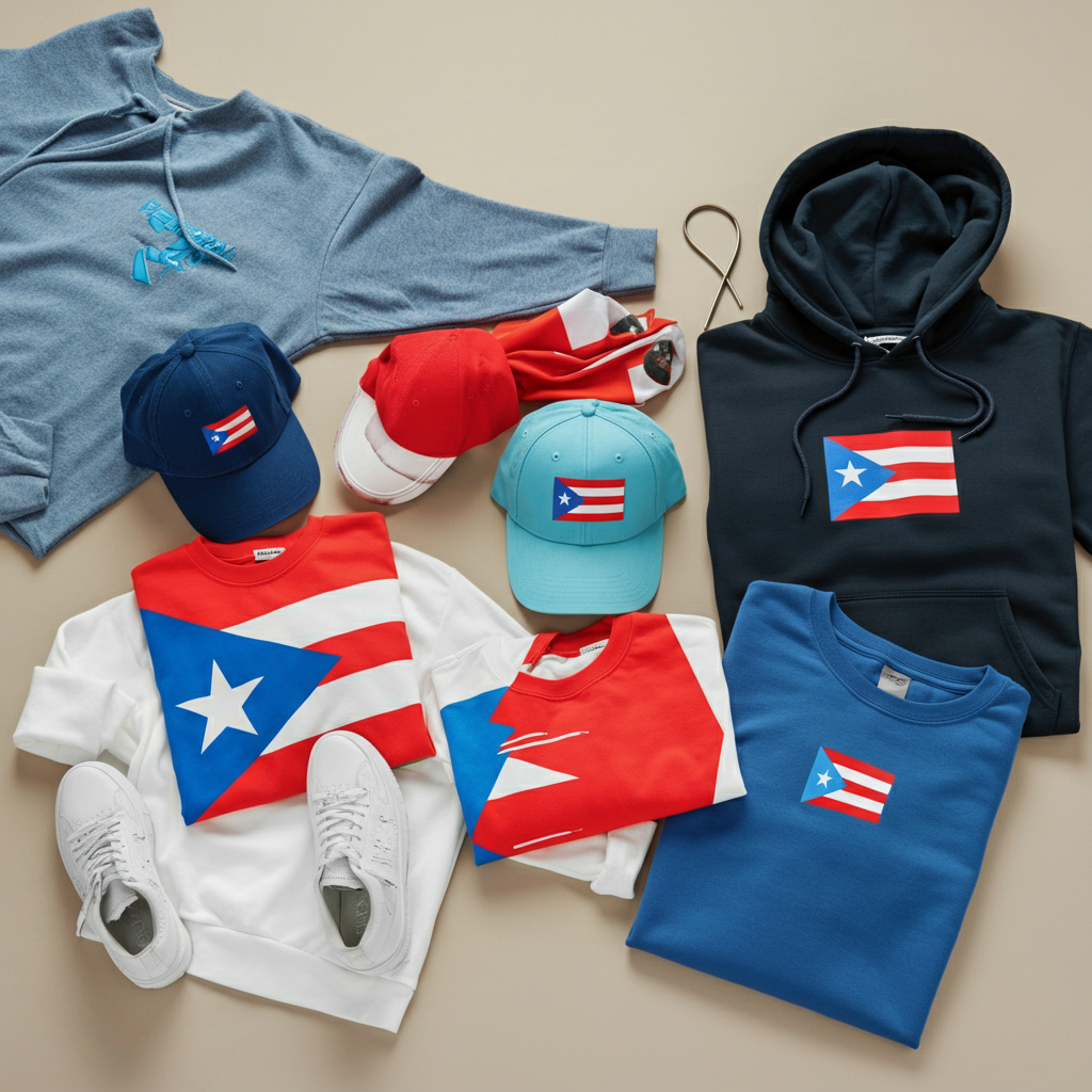 PuertoRican apparel collection featuring shirts, hoodies, and hats with vibrant designs and cultural pride