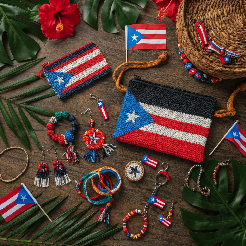 Colorful handmade cultural souvenirs including bags, bracelets, and earrings inspired by Puerto Rican heritage