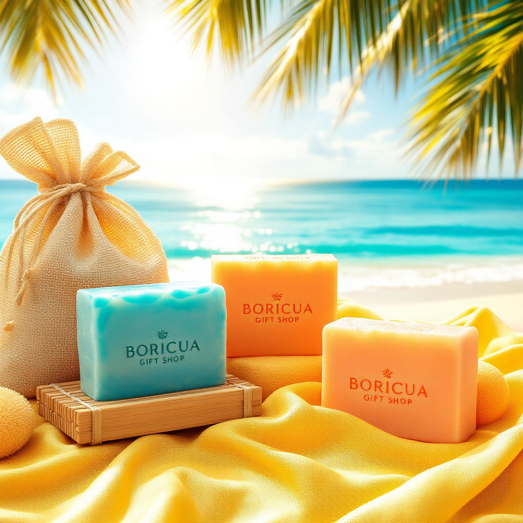 Colorful collection of handmade vegan soap bars with natural ingredients like oatmeal, charcoal, and coffee