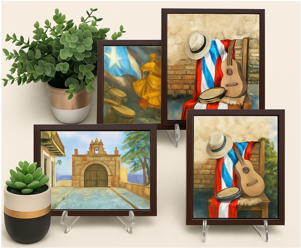 Jamie Thomas Puerto Rico paintings collection showing traditional instruments, flag, historic gate, and cultural scenes
