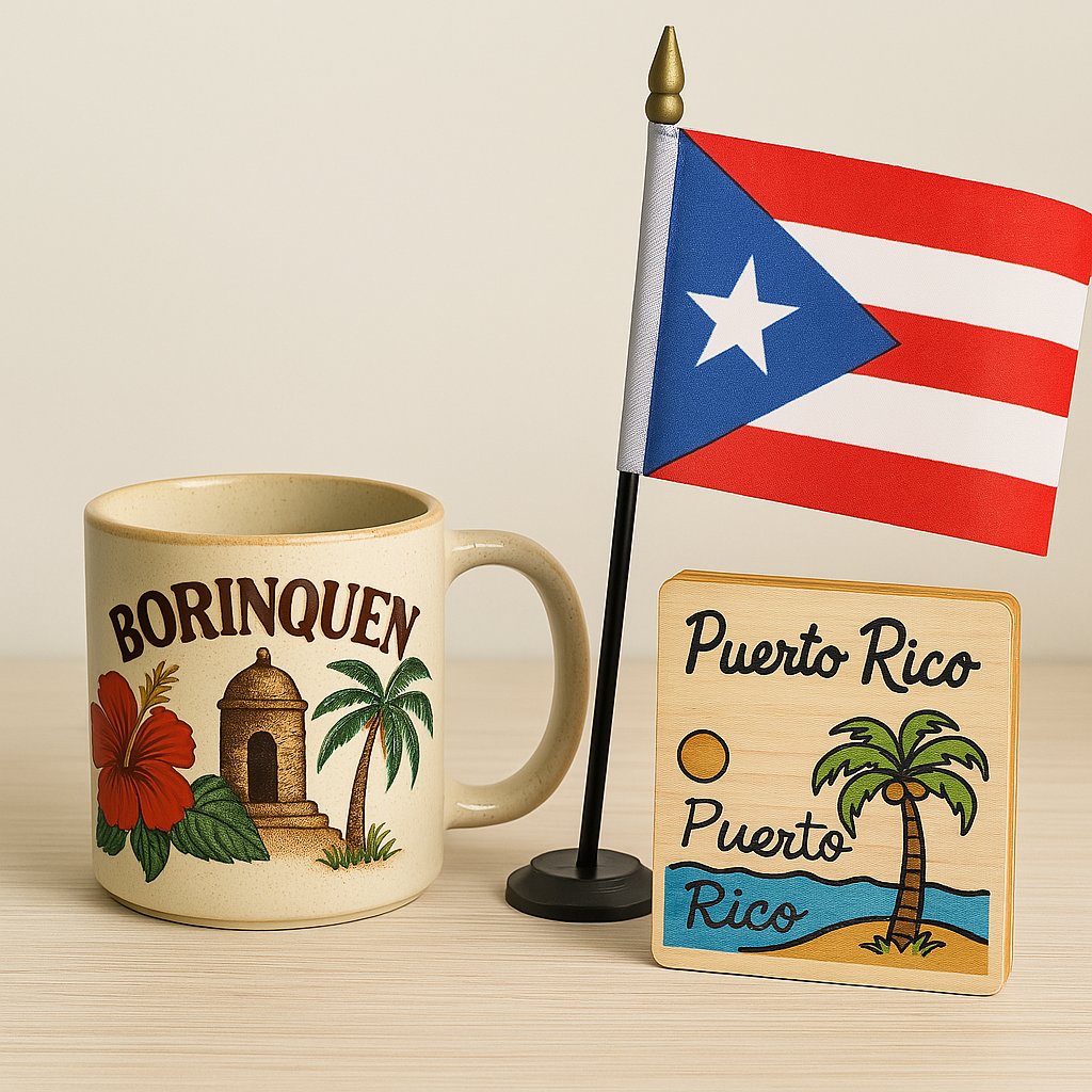 Bori Essentials souvenirs showcasing a Puerto Rican mug, flag, and decorative block featuring island themes