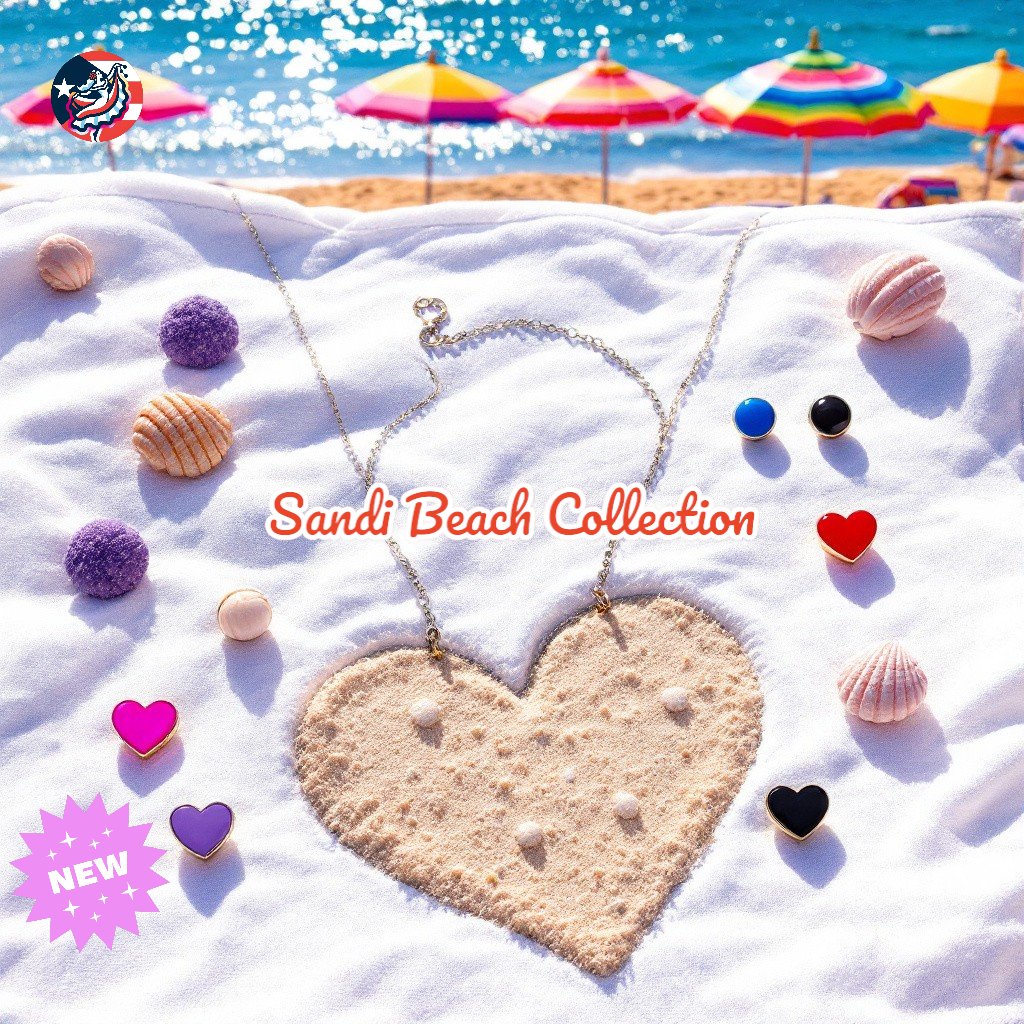 Sandi Beach Collection featuring handmade Boricua beach gifts including earrings, necklace, and keychain with real sand