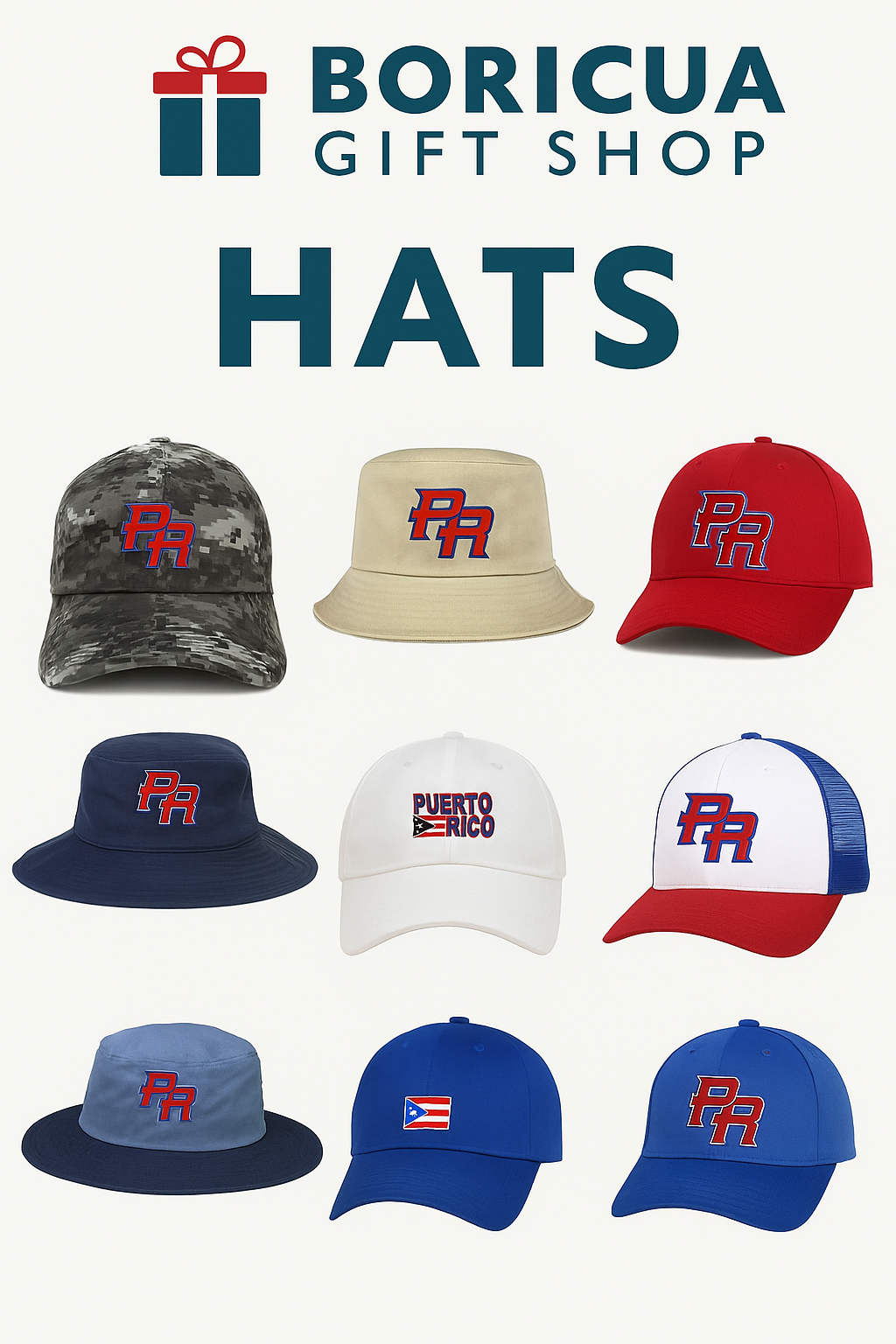 Collection of Puerto Rican hats including camo, bucket, and baseball styles with PR logos and Puerto Rico flag