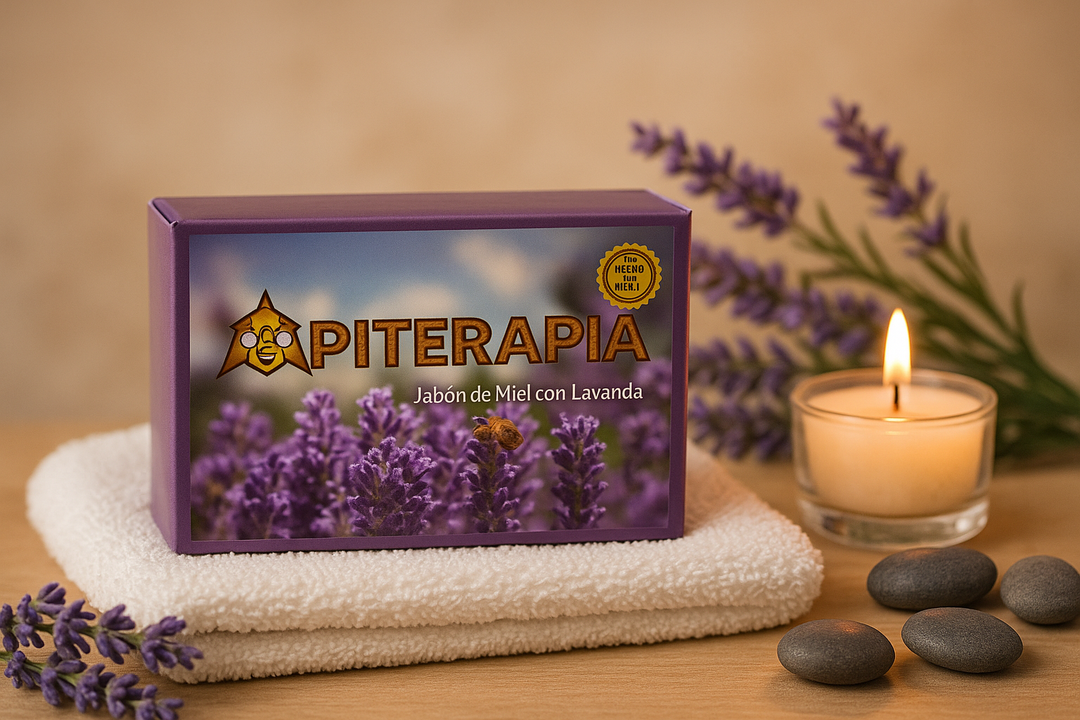 Apiarios Caraballo natural honey lavender soap in decorative packaging with lavender and candles