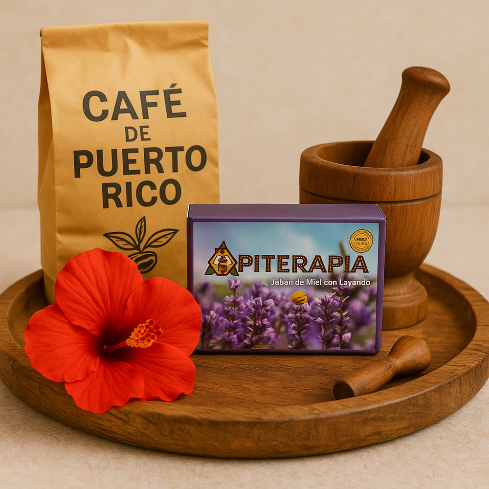 Apiarios Caraballo natural honey lavender soap with lavender flowers and wooden mortar on a wooden tray