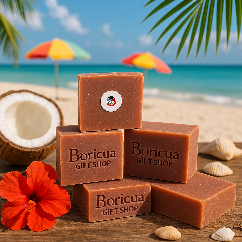 Boricua Gift Shop cranberry vegan soap bars stacked on wooden surface with beach background
