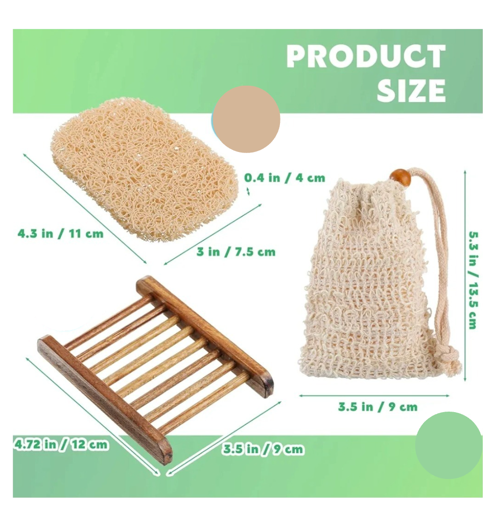 Boricua Gift Shop exfoliating coffee soap bar set with natural scrub sponge, soap saver bag, and wooden soap dish