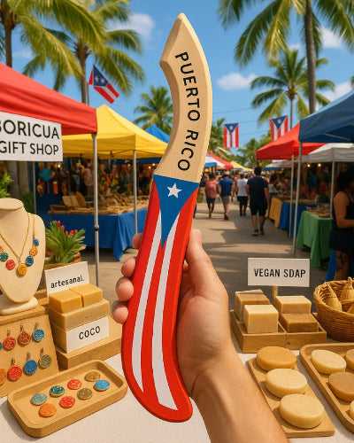 Hand holding a handmade Puerto Rican machete painted with the Puerto Rico flag at Boricua Gift Shop market