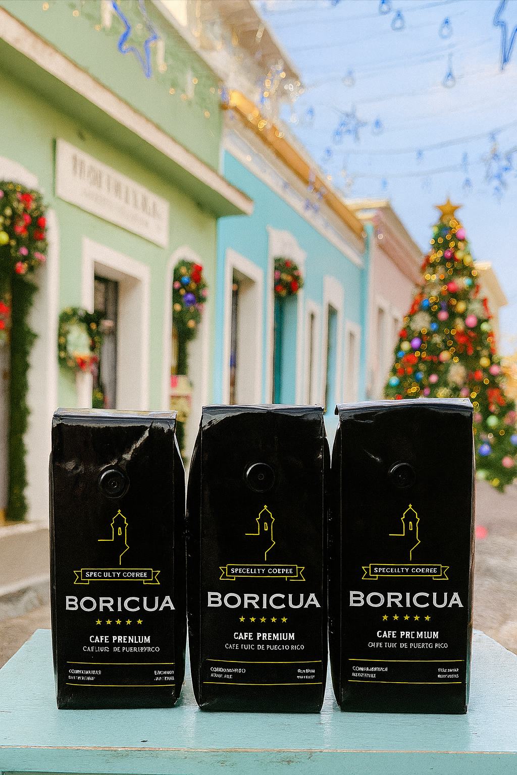 Boricua premium coffee bags showcasing Puerto Rican specialty coffee in festive setting