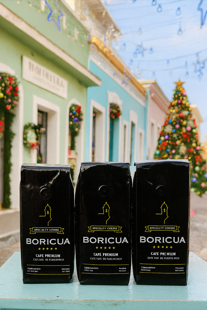 Boricua premium coffee bags showcasing Puerto Rican specialty coffee in festive setting