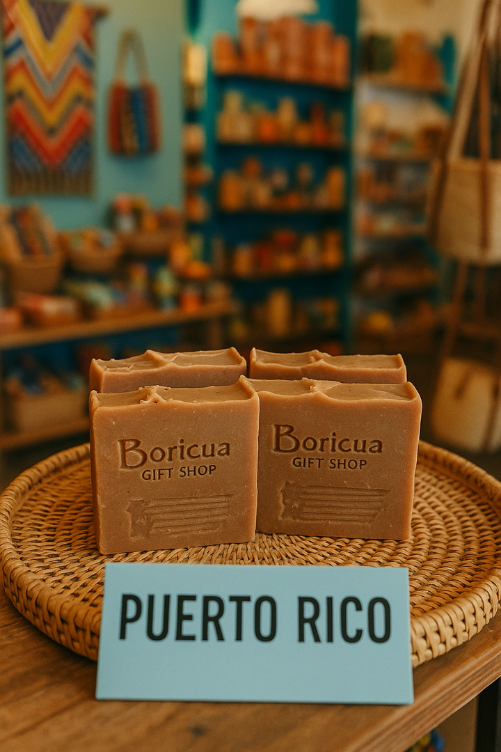 Boricua Gift Shop pumpkin oatmeal soap bars displayed on a woven tray with Puerto Rico sign