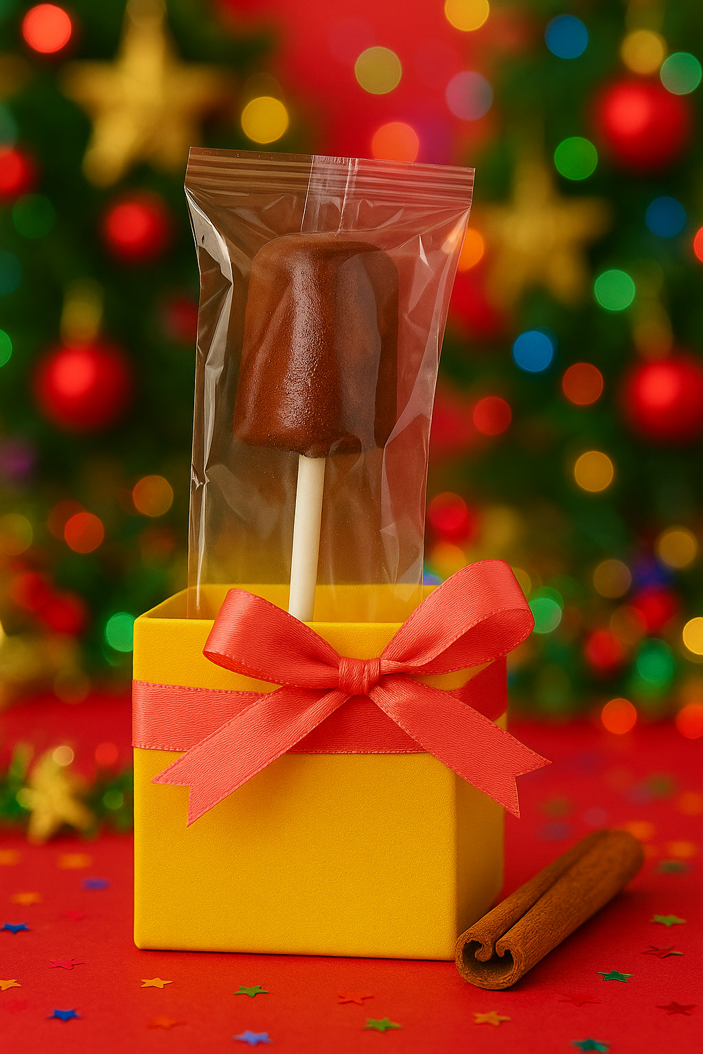 Cinnamon Puerto Rican lollipop packaged in a clear bag with a yellow gift box and festive background