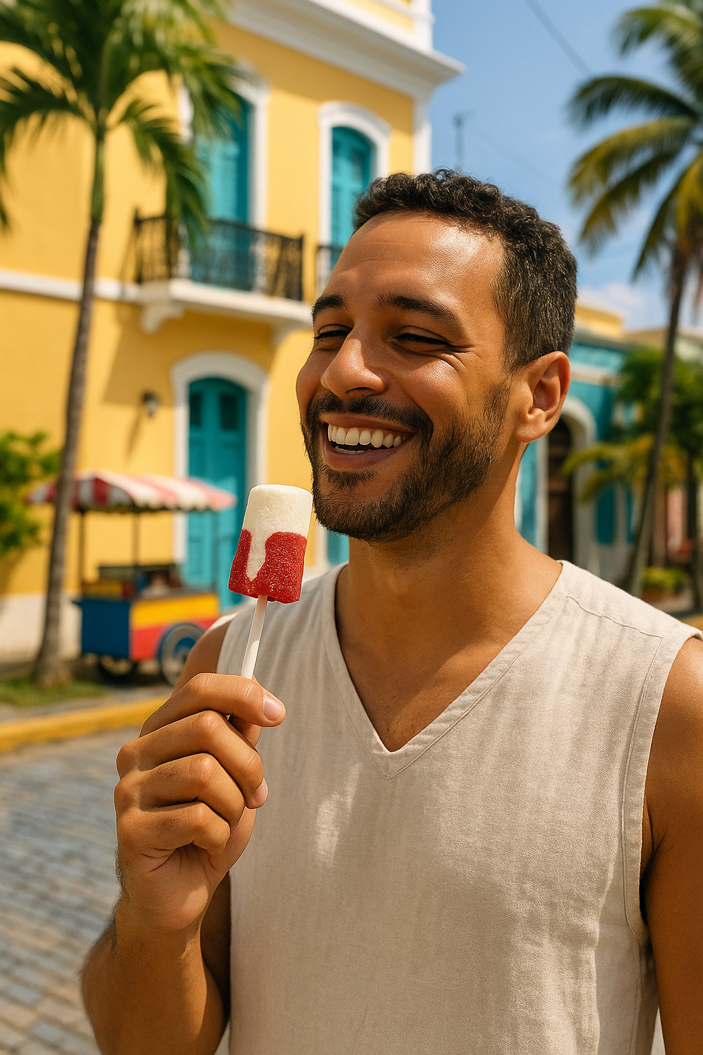 Man enjoying coconut strawberry candy outdoors on a sunny day in a vibrant street