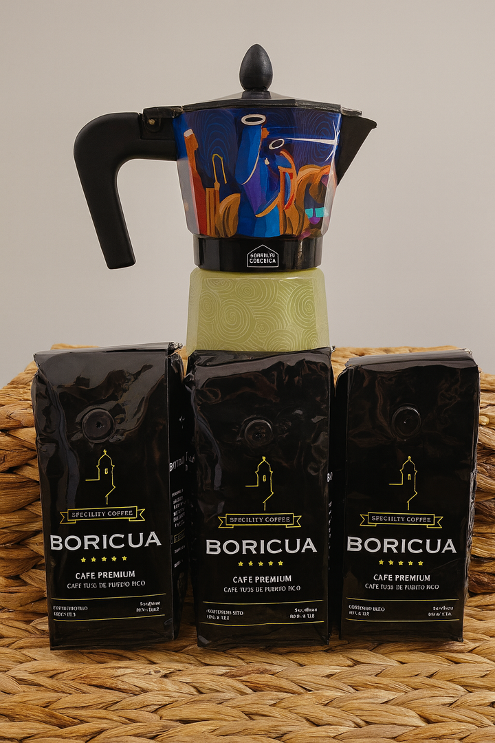 Pepe Ganga Puerto Rican Christmas coffee maker with Boricua premium coffee bags for flavorful brewing