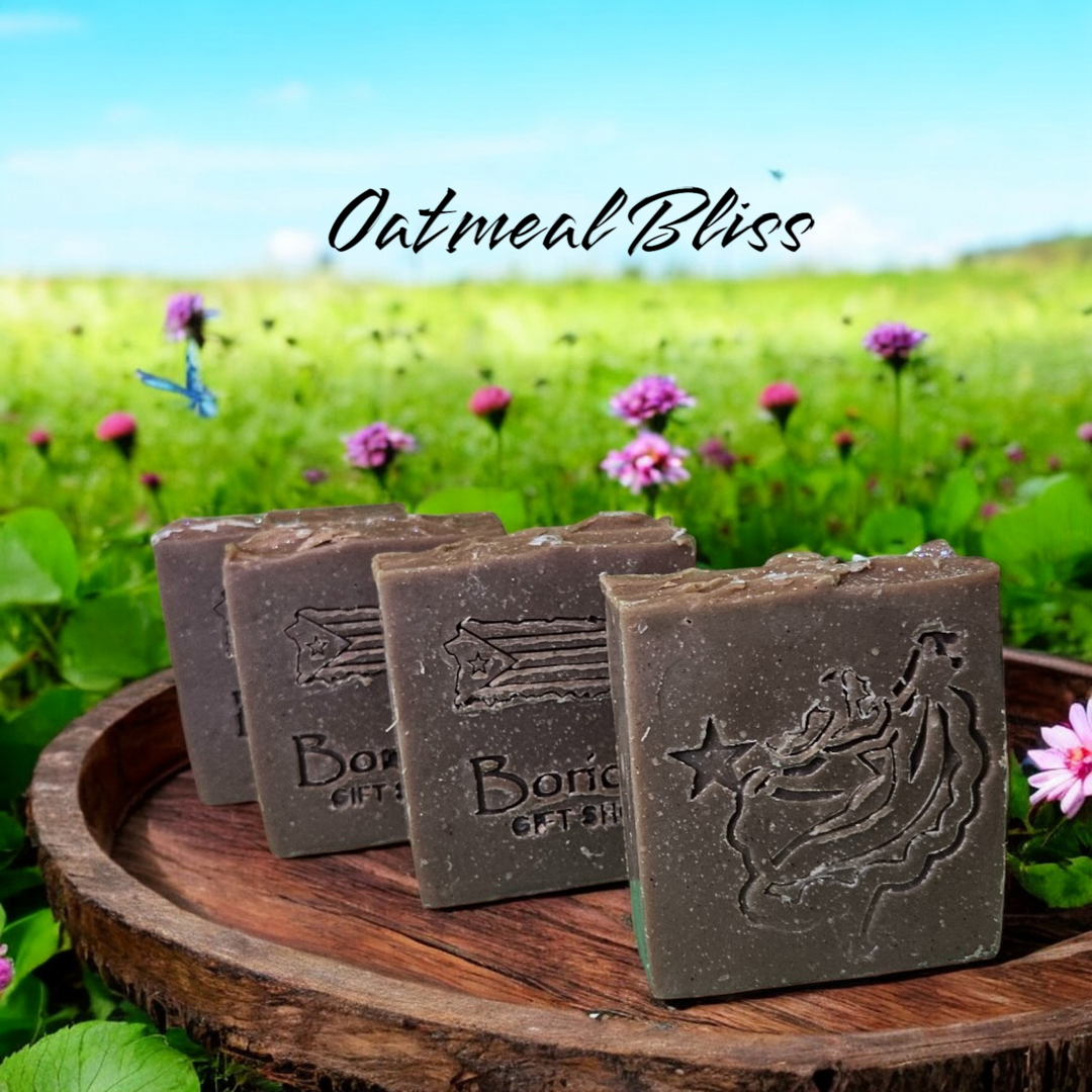 Boricua Gift Shop handmade vegan soap bars with oatmeal bliss scent displayed on wooden platter outdoors