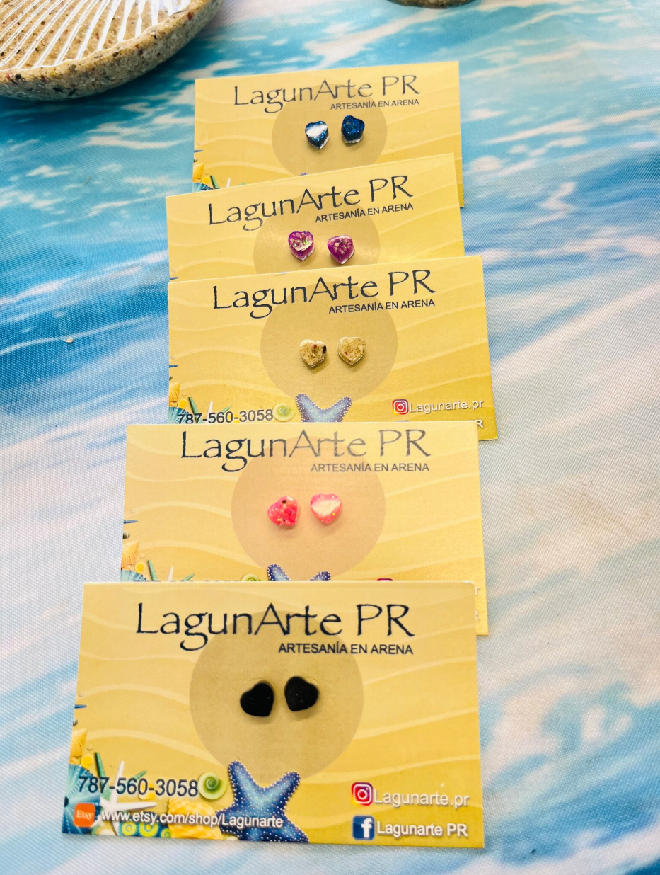 Lagunarte mini heart earrings Puerto Rico in various colors on yellow branded cards