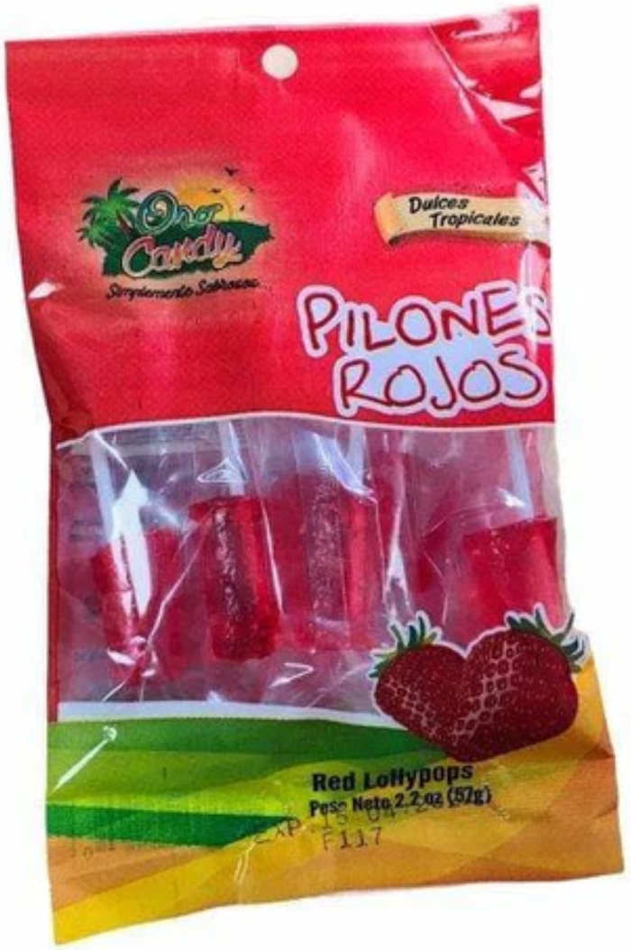 Oro Candy handcrafted Puerto Rico sweets Red Lollipops in a colorful package featuring strawberries
