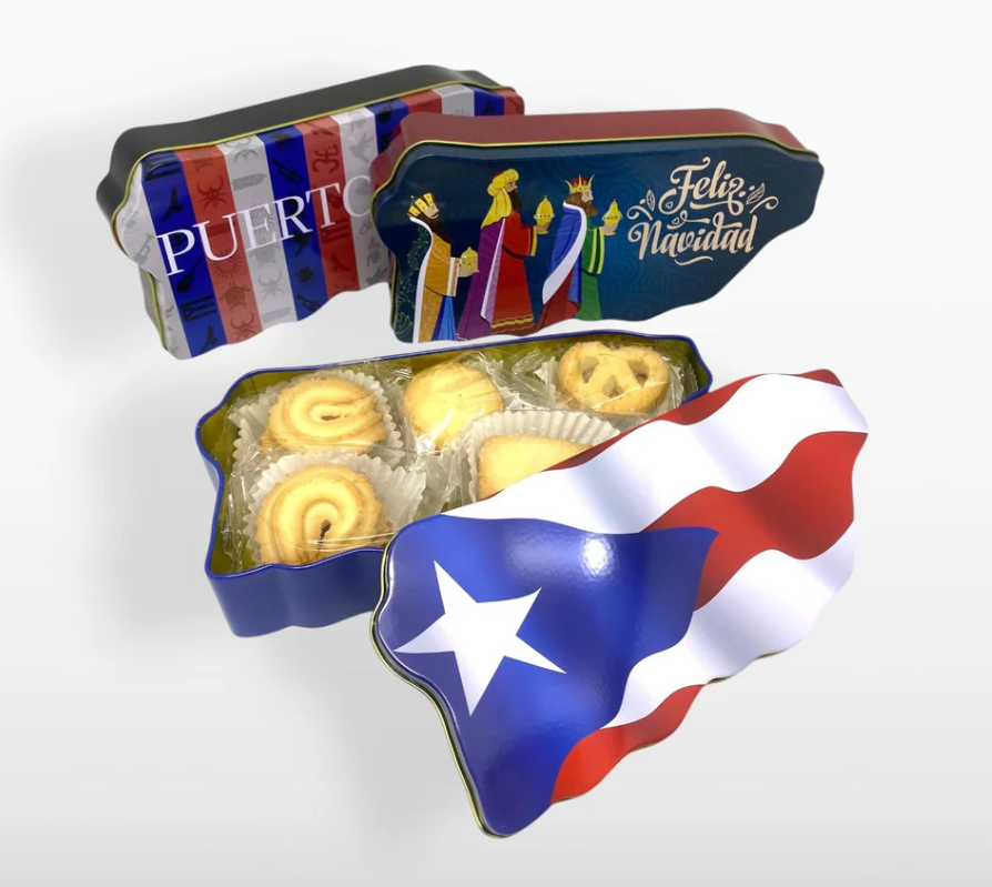Puerto Rican butter cookies tin featuring colorful designs and assorted delicious cookies inside