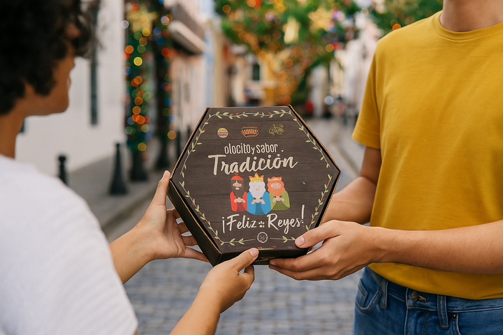 Puerto Rican coffee gift set with festive packaging featuring vibrant illustrations and a joyful message