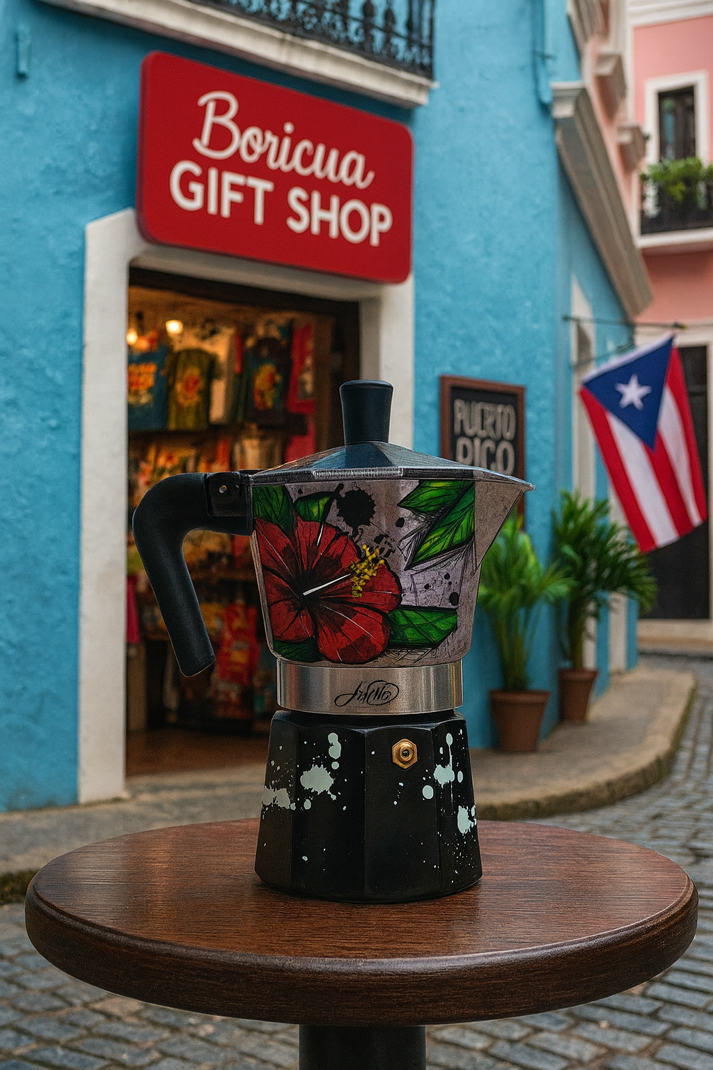 Colorful Puerto Rican coffee maker displayed outside Boricua Gift Shop with vibrant background