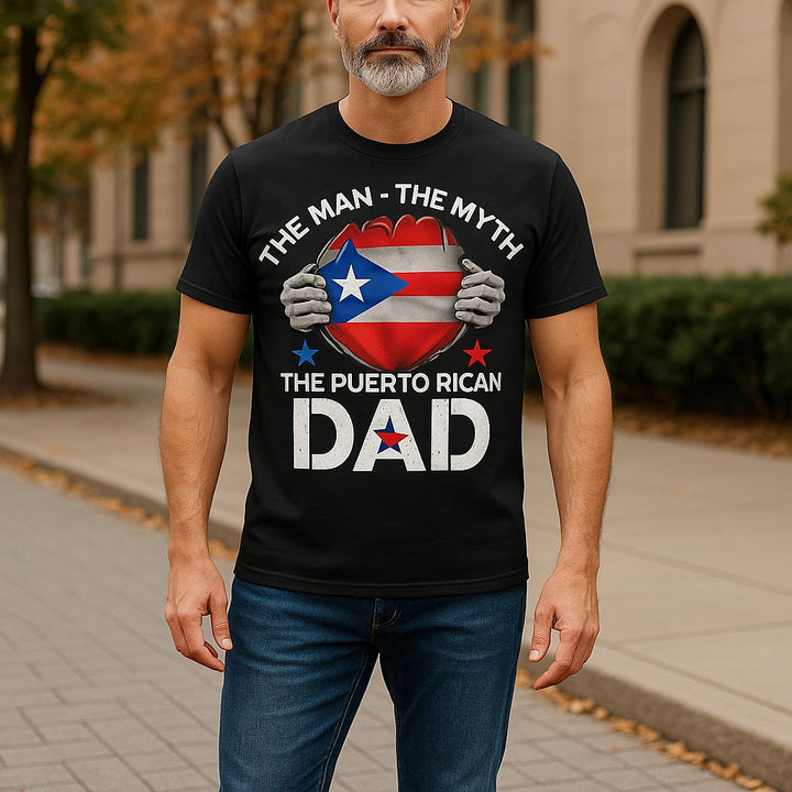 Black Puerto Rican Dad T-Shirt featuring a heart design with the Puerto Rican flag and bold text