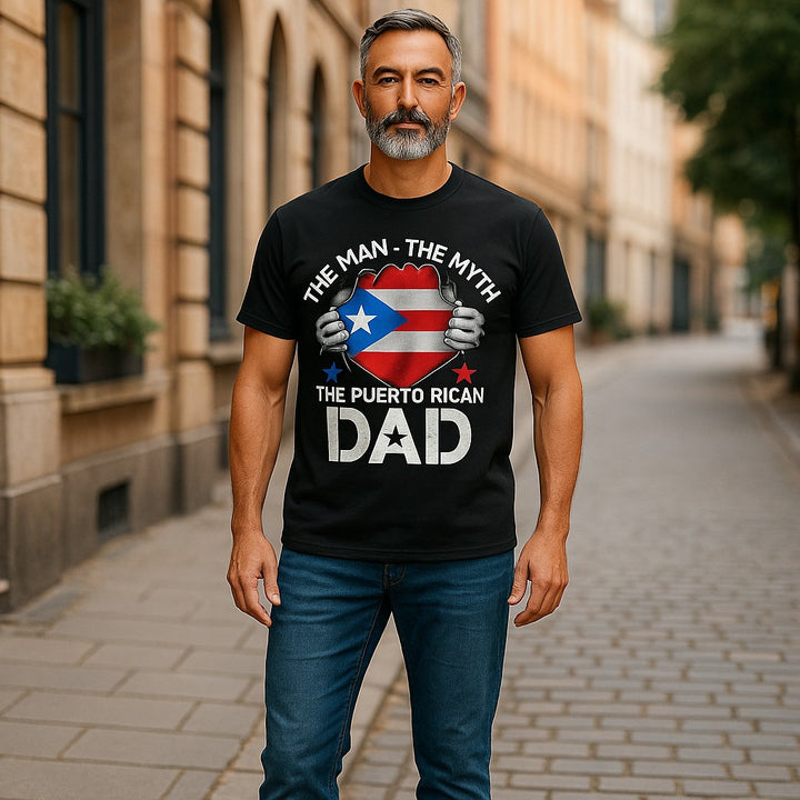 Puerto Rican Dad T-Shirt featuring a bold design with a heart and patriotic colors