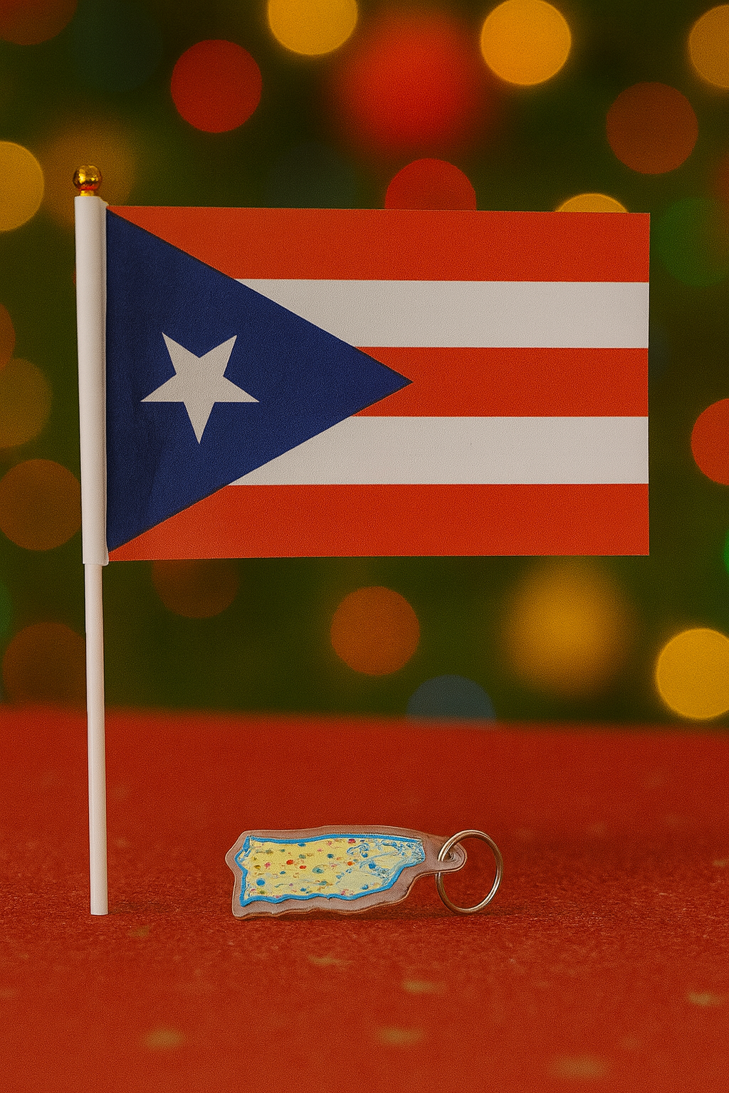 Puerto Rican kids holiday craft box featuring a small Puerto Rican flag and a colorful island keychain