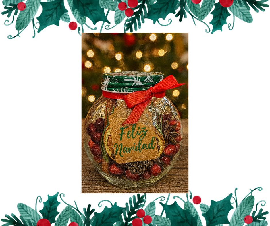 Puerto Rican holiday simmer pot jar with festive decorations and a Feliz Navidad tag
