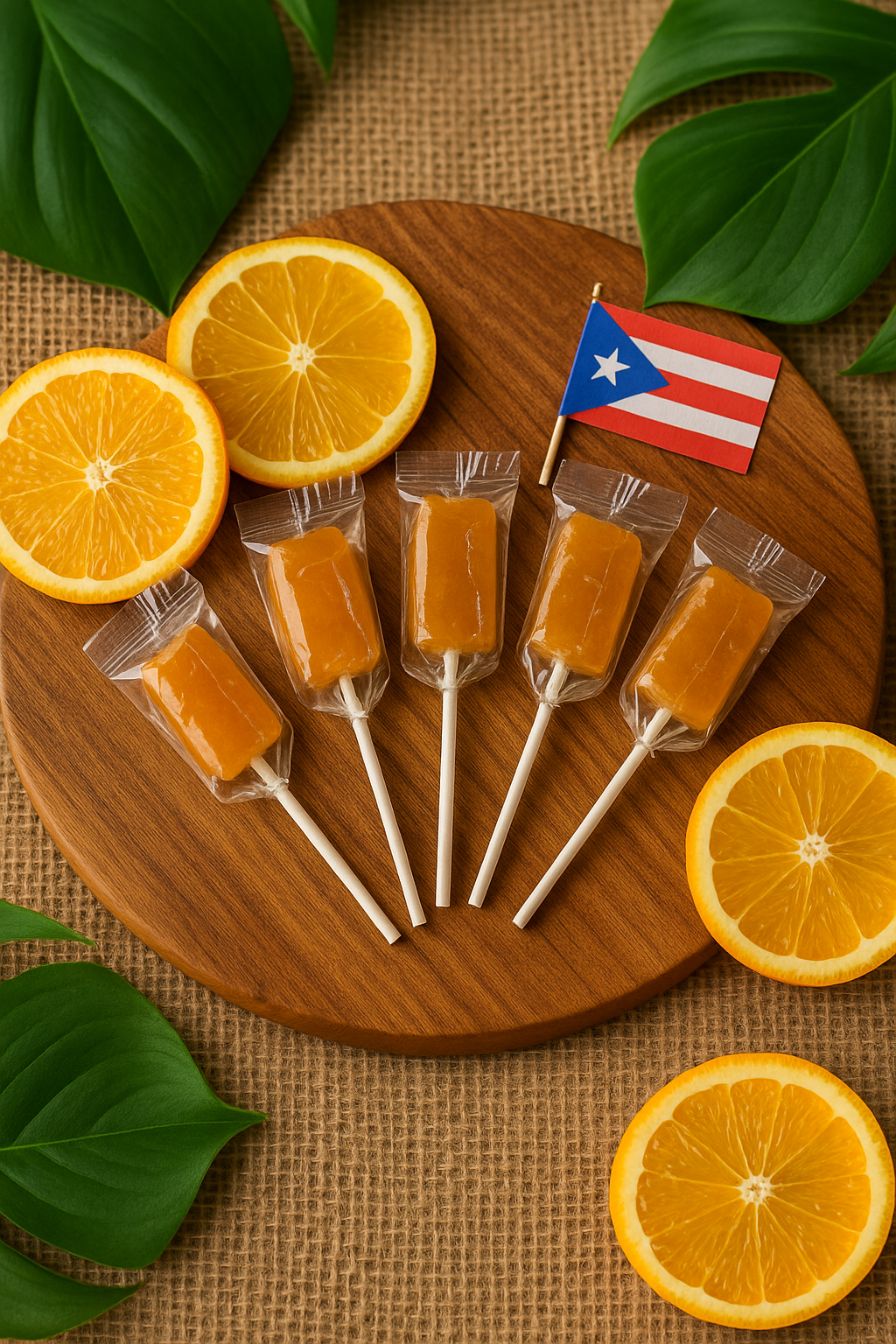 Five Puerto Rican orange lollipops with fresh orange slices and a small Puerto Rican flag on a wooden board