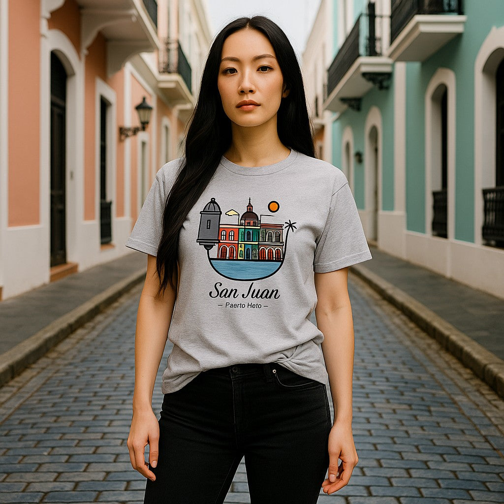 Gray shirt featuring San Juan skyline design for Puerto Rico souvenir clothing