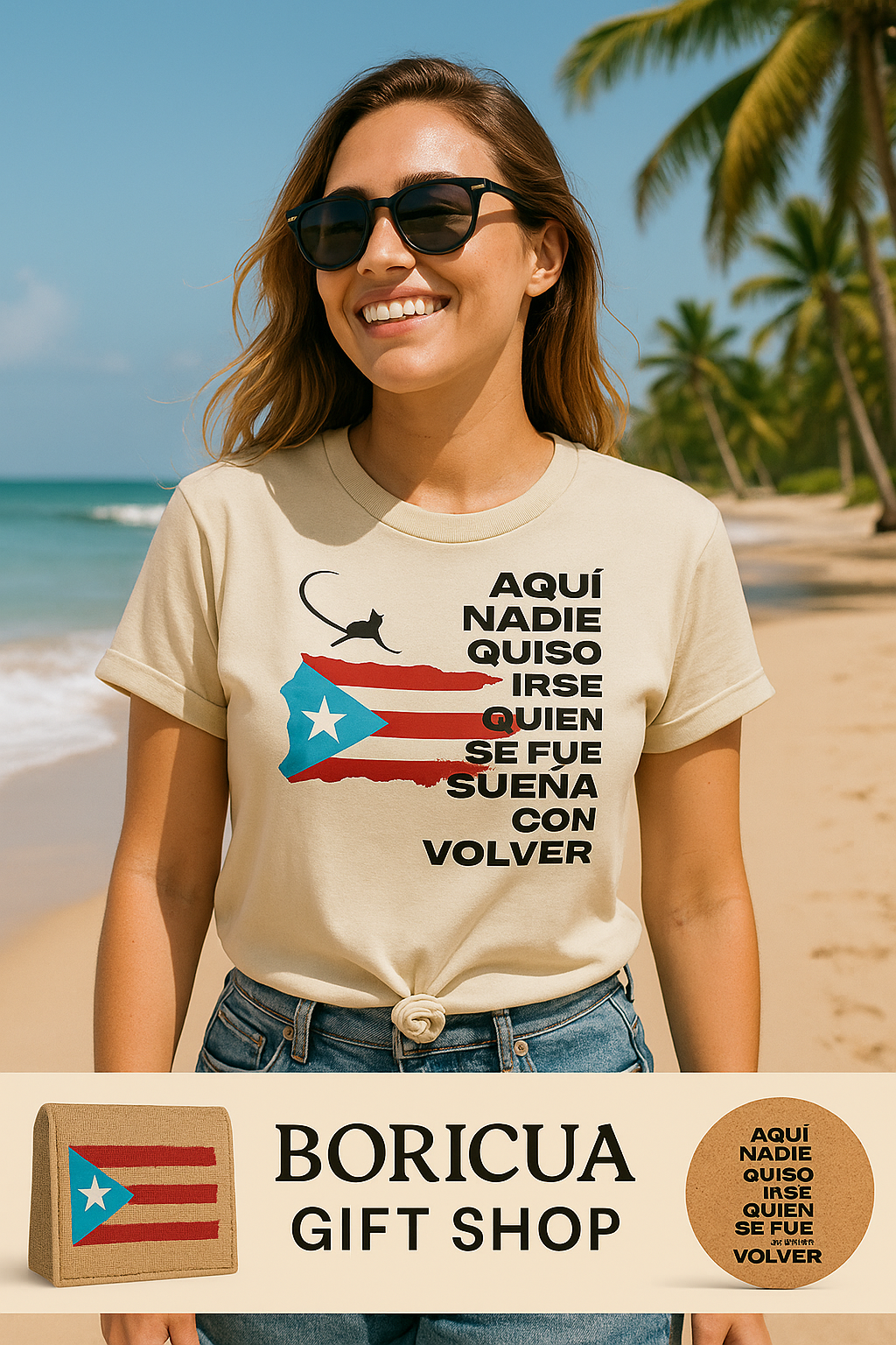 Sapo Concho Puerto Rico shirt featuring Puerto Rican flag design worn by woman on beach from Boricua Gift Shop