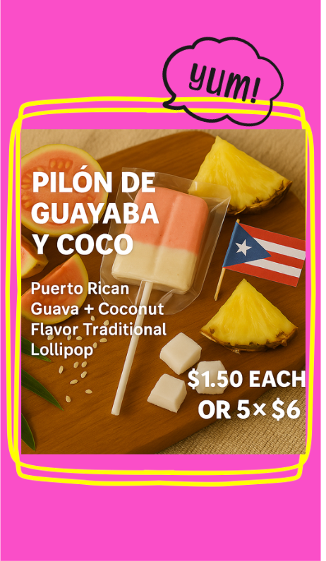 Tipica Artesanal guava coconut candy lollipop with pineapple and Puerto Rican flag on wooden board