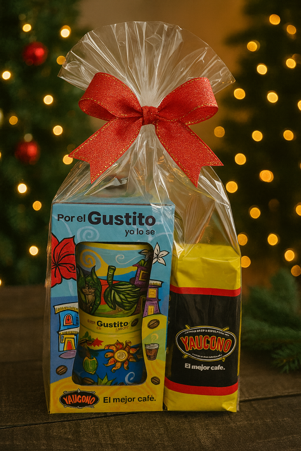 Yaucono Puerto Rican coffee gift set with vibrant packaging and festive red bow