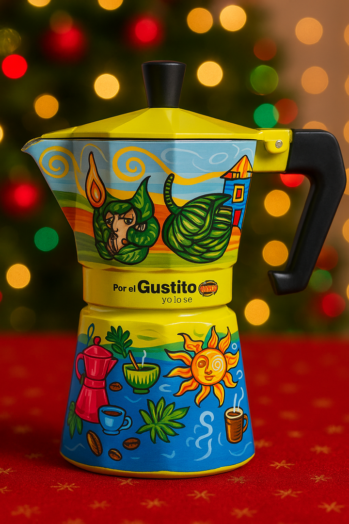 Colorful Yaucono Puerto Rican coffee gift set featuring a decorative coffee pot with local designs
