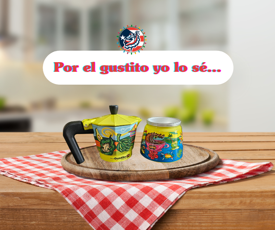 Yaucono Puerto Rican coffee gift set featuring a colorful coffee pot and a coffee can on a wooden tray