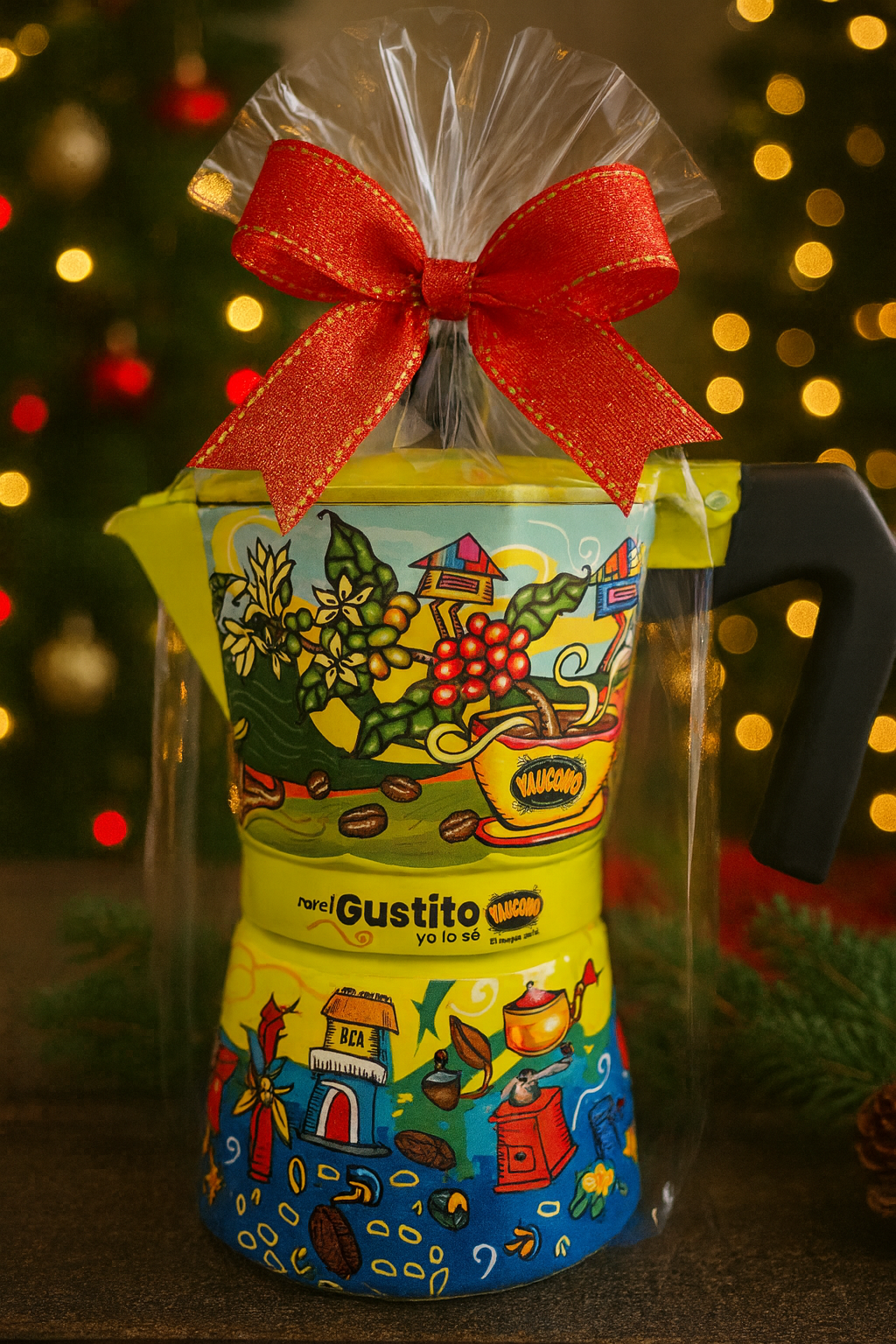 Yaucono Puerto Rican coffee gift set featuring a colorful coffee maker with festive packaging