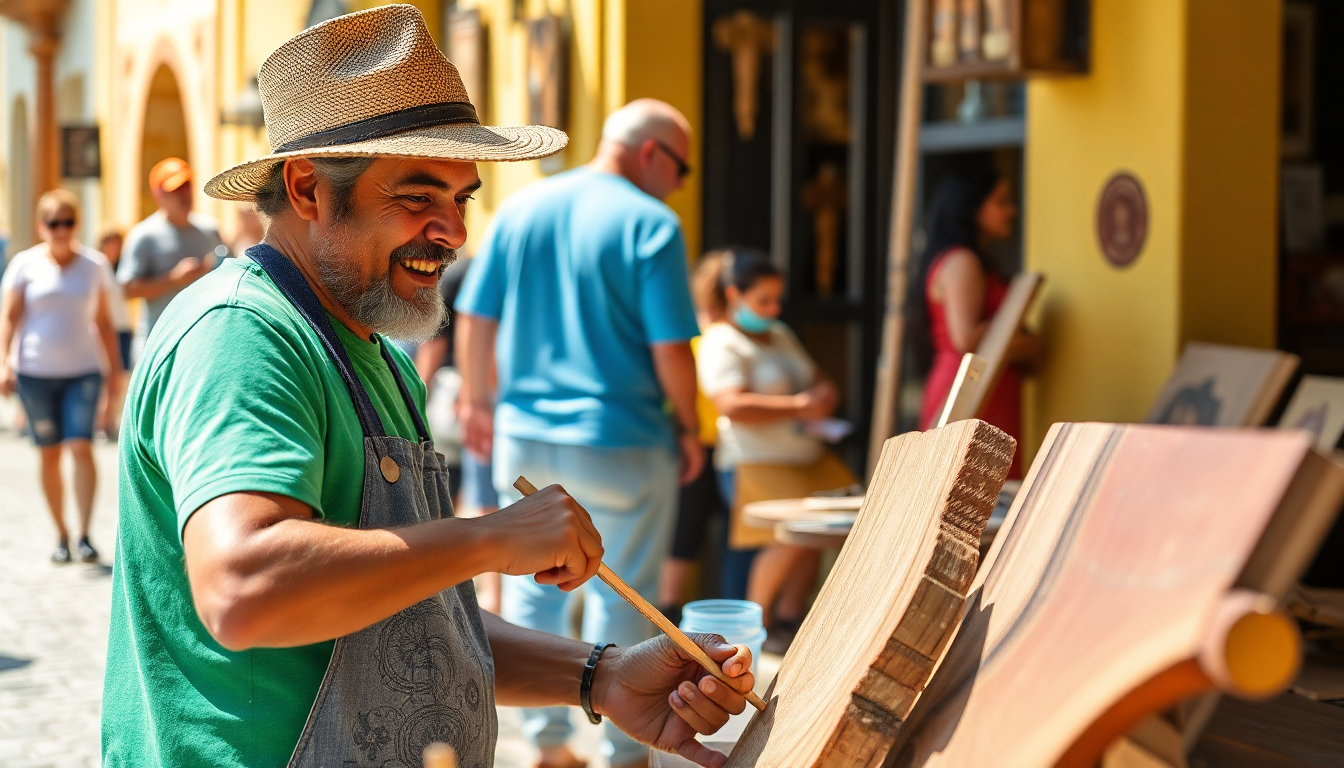 create an image of a local artist participating in a local puerto rican fair at el Viejo San Juan Puerto Rico. The person is working on making a wood piece in front of visitors. bright sunny day, bright colors, in Puerto Rico. Artist is happy