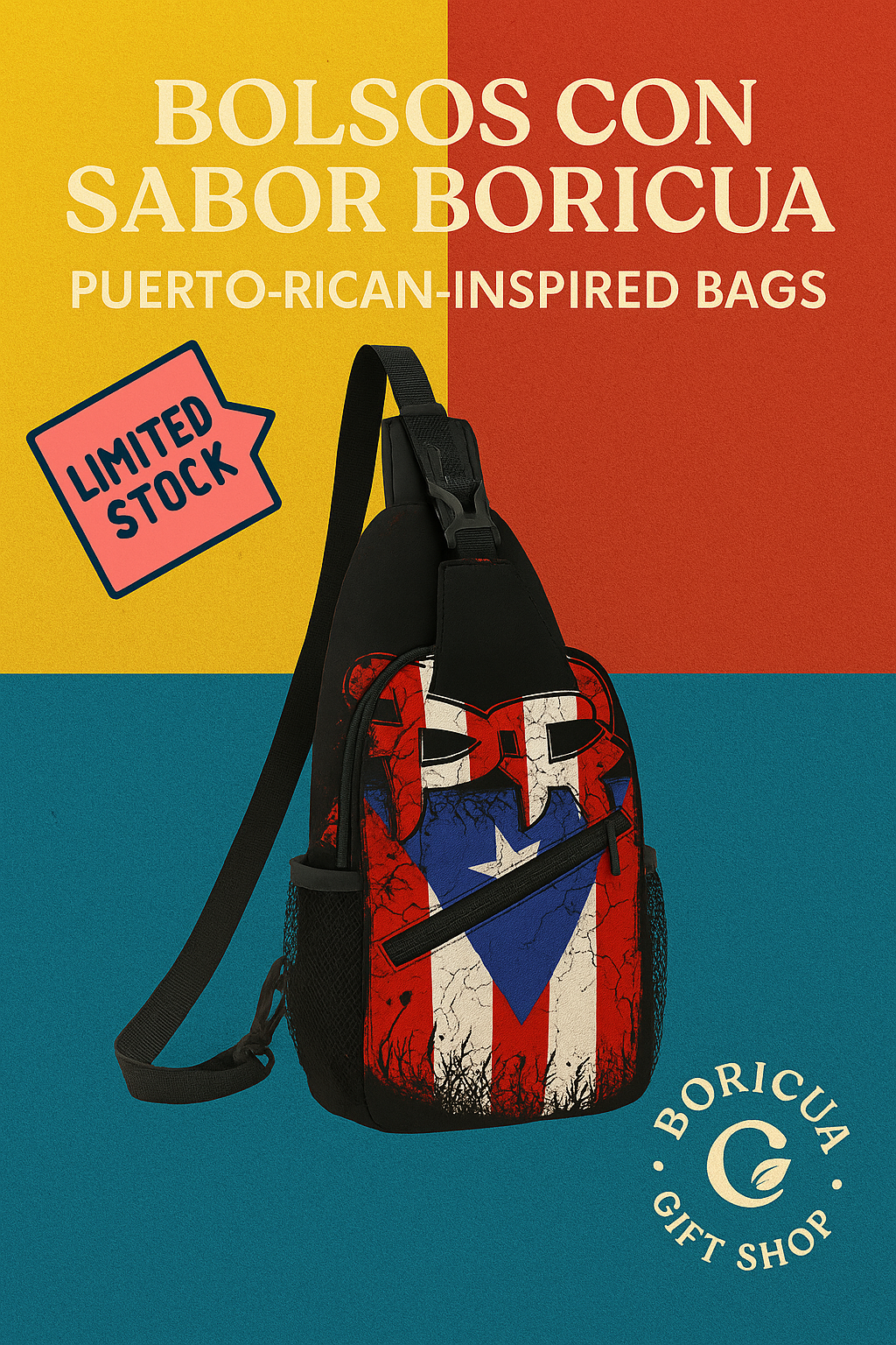 Boricua souvenir bags collection featuring a crossbody bag with Puerto Rican flag and Taíno symbols design