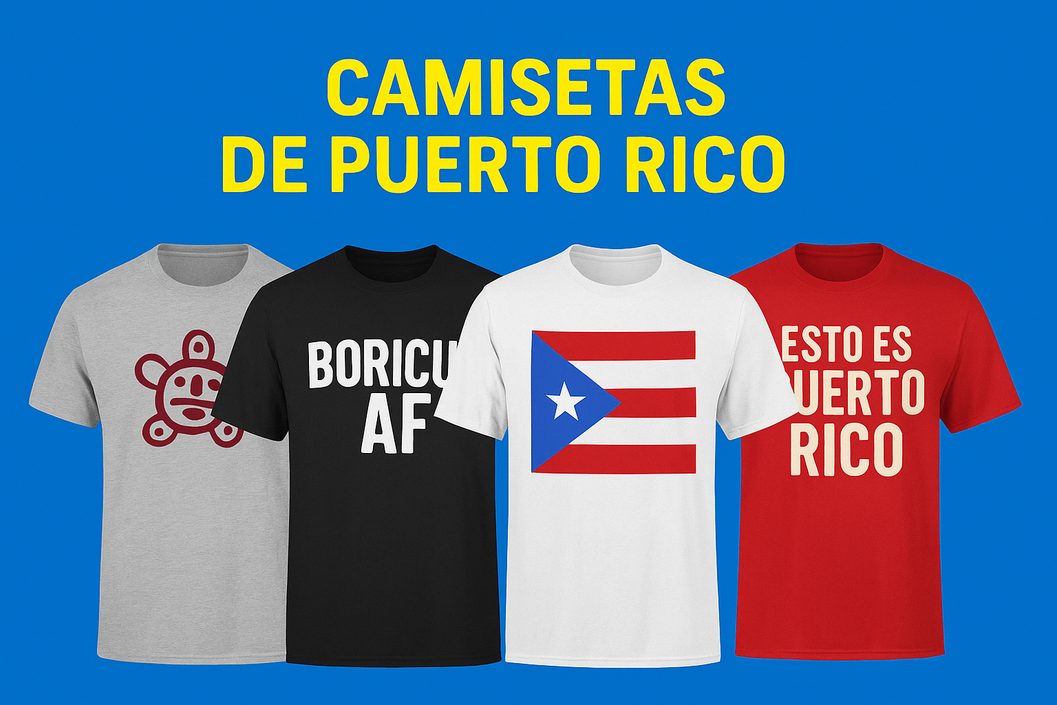 Boricua pride apparel featuring Puerto Rican flag, Taíno symbols, and cultural phrases on unisex cotton shirts
