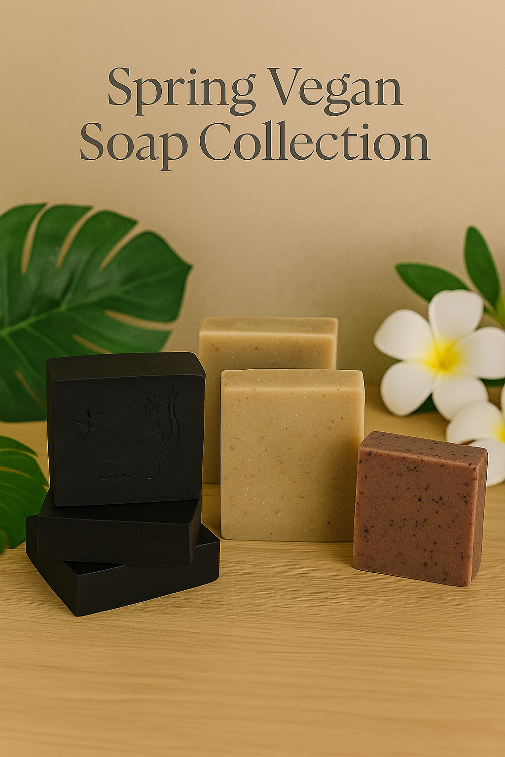 Vegan spring soap collection featuring handcrafted artisan bars with natural ingredients and tropical floral decor