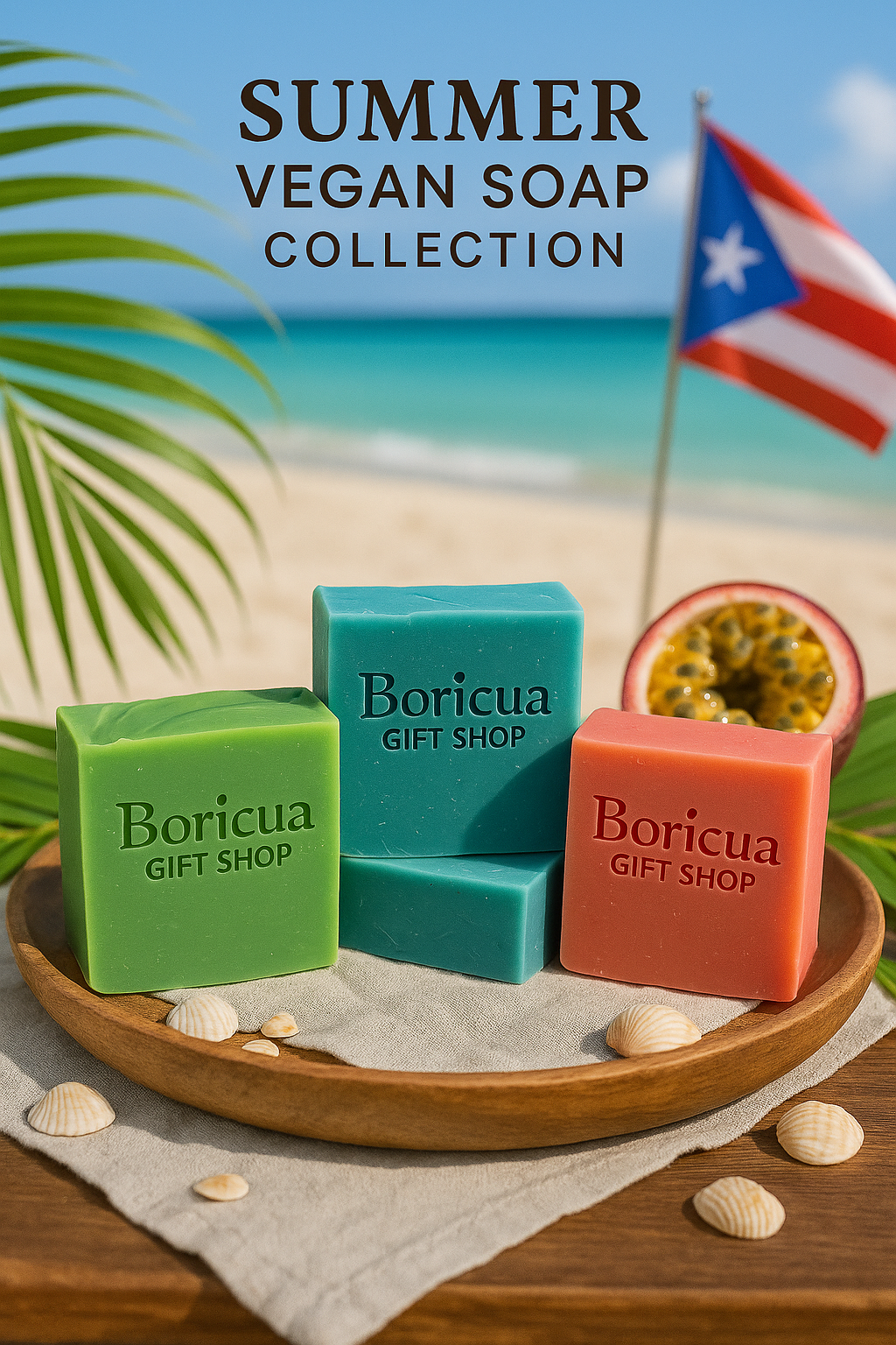 Summer vegan soap collection with colorful handcrafted bars on a wooden plate by the beach with Puerto Rico flag
