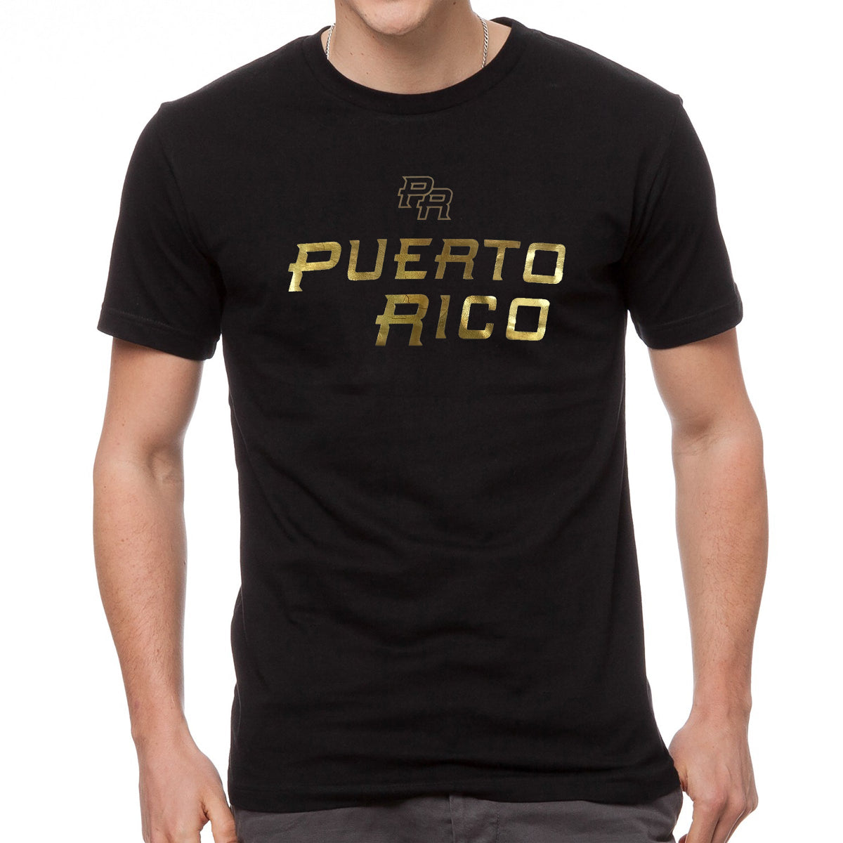 Black Puerto Rico sports apparel t-shirt with gold lettering