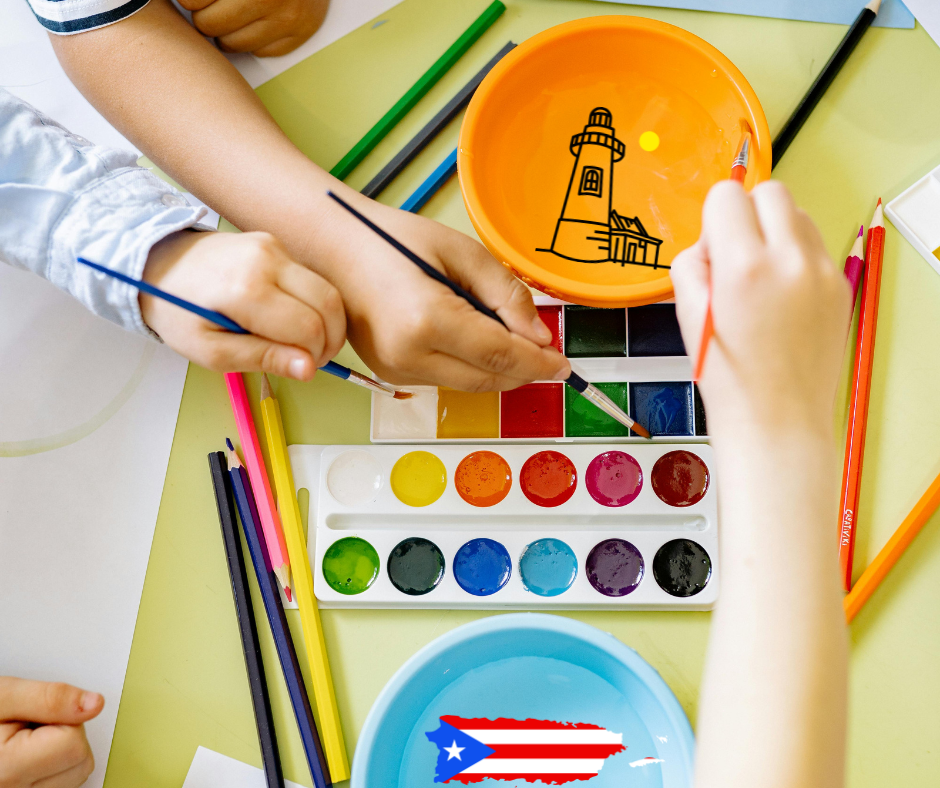 Kids engaging in Puerto Rico culture crafts for kids with painting and colorful art supplies