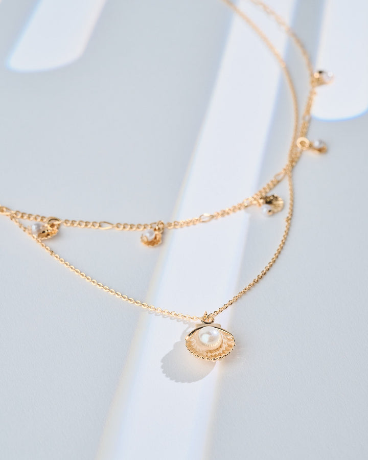 16K gold plated Del Mar necklace with layered chains and pearl pendant for elegant style