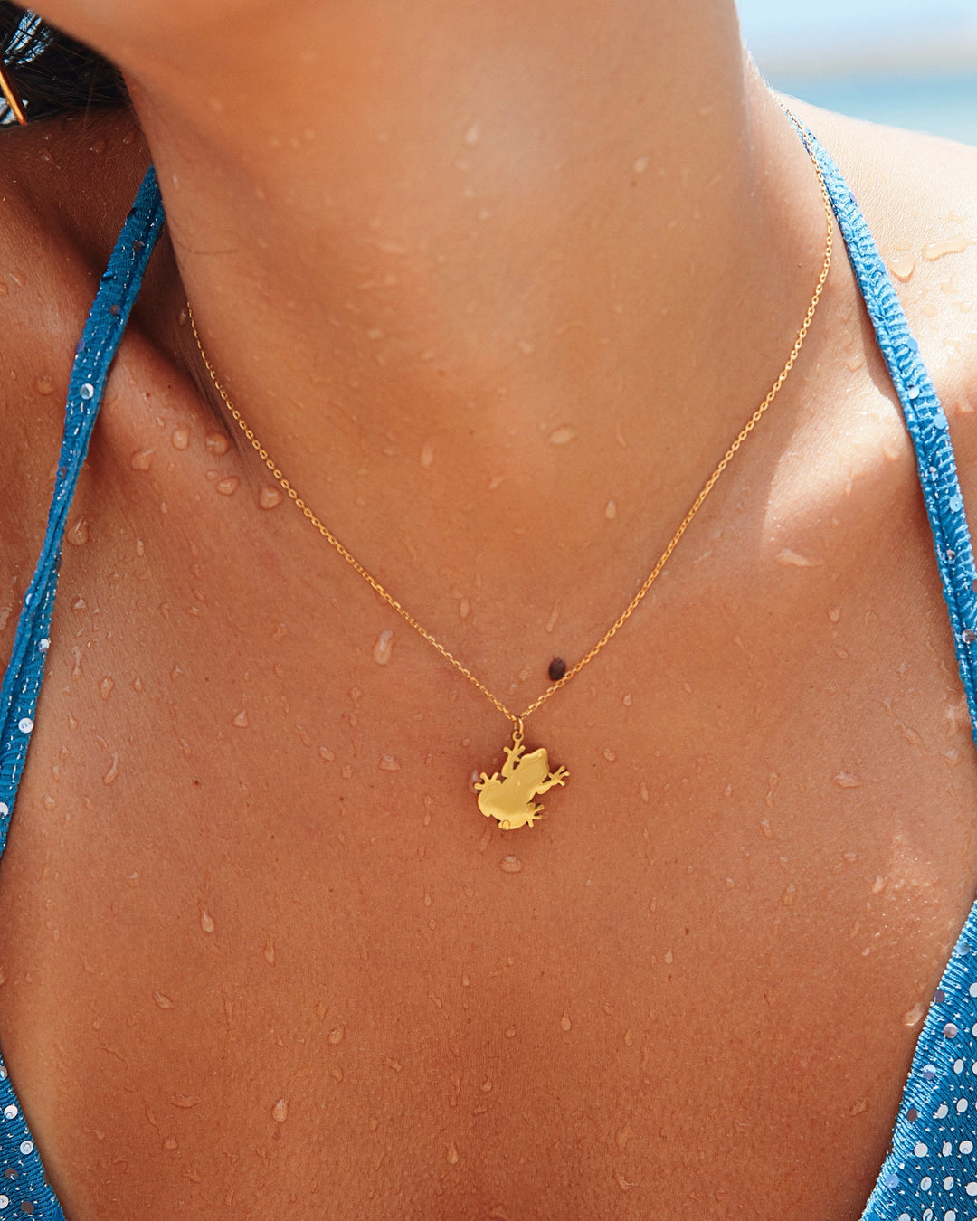 Close-up of a person wearing an 18K plated Coquí necklace on a sunny day, showcasing its elegant design