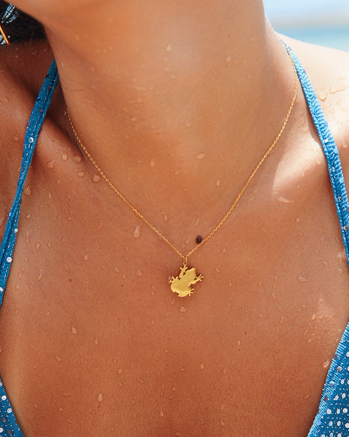 Close-up of a person wearing an 18K plated Coquí necklace on a sunny day, showcasing its elegant design